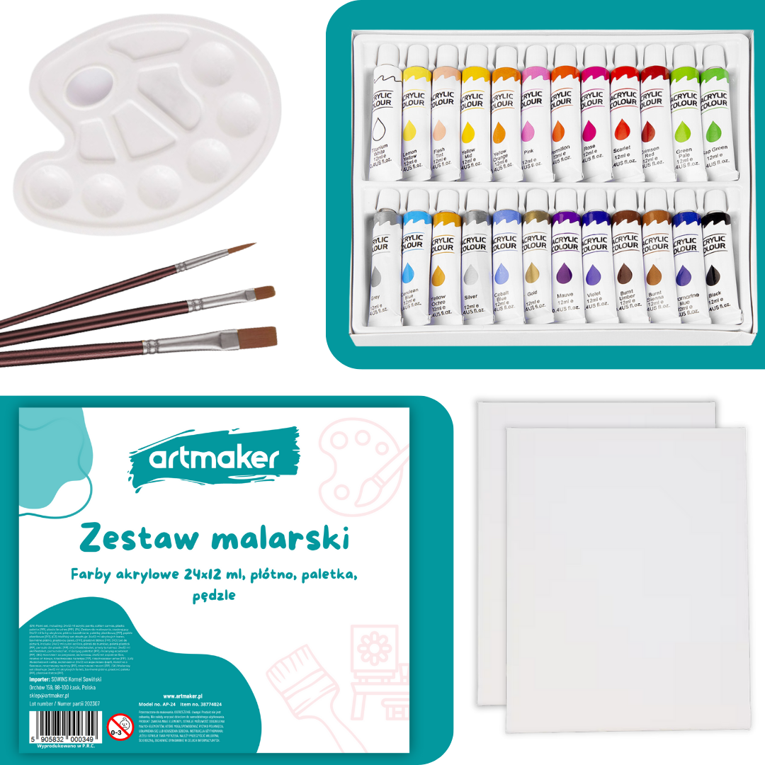  Zestaw Malarski Farby Akrylowe XXL 24x12ml Płótno + Farby + Pędzle + Paletka