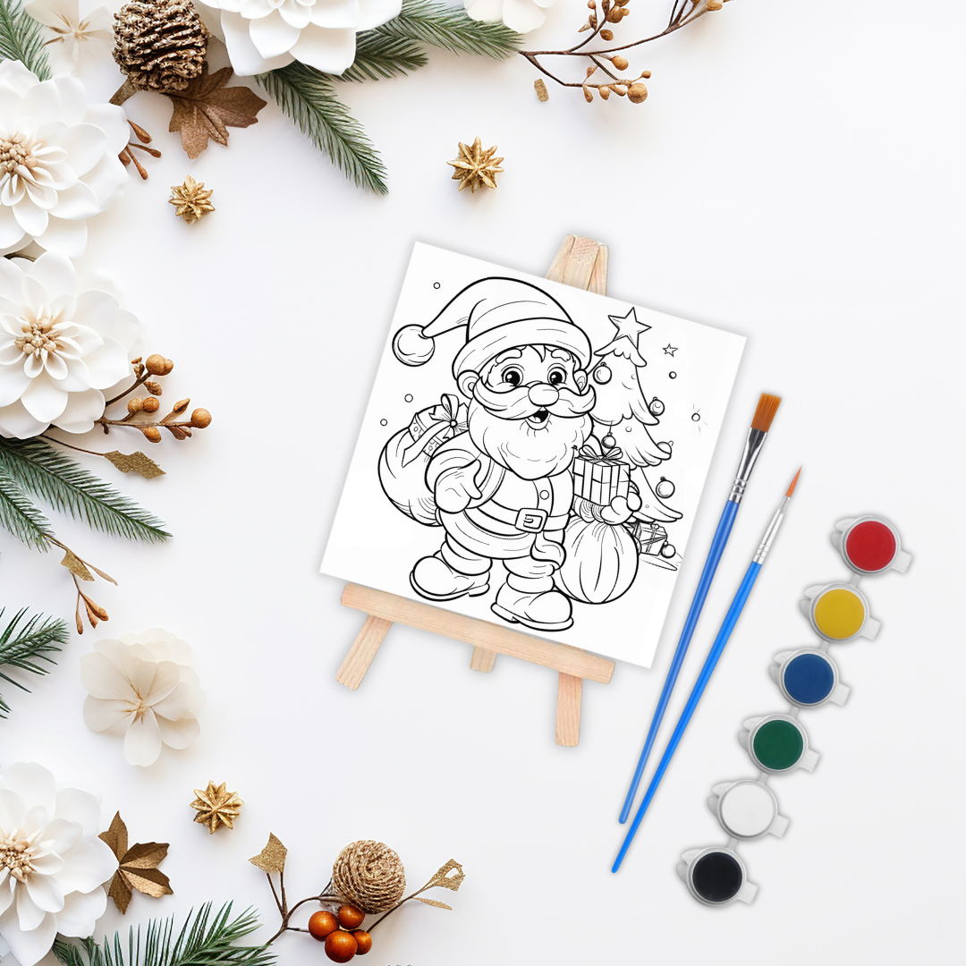 Mini zestaw malarski płótno + sztaluga + farby + pędzel Święty Mikołaj kolorowanka DIY