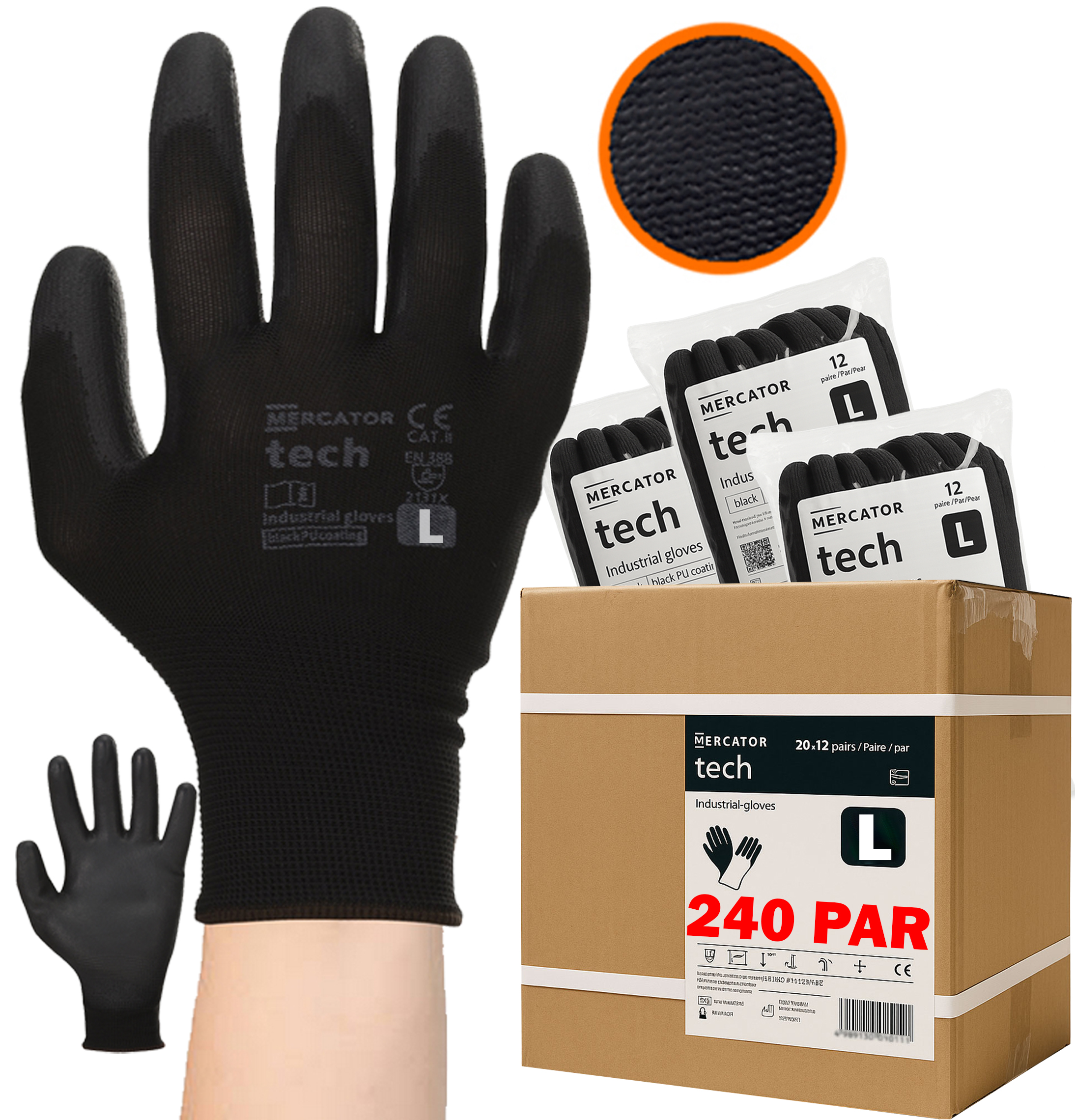 Rękawice Robocze MERCATOR Tech Black+Black PU - L - 240 Par