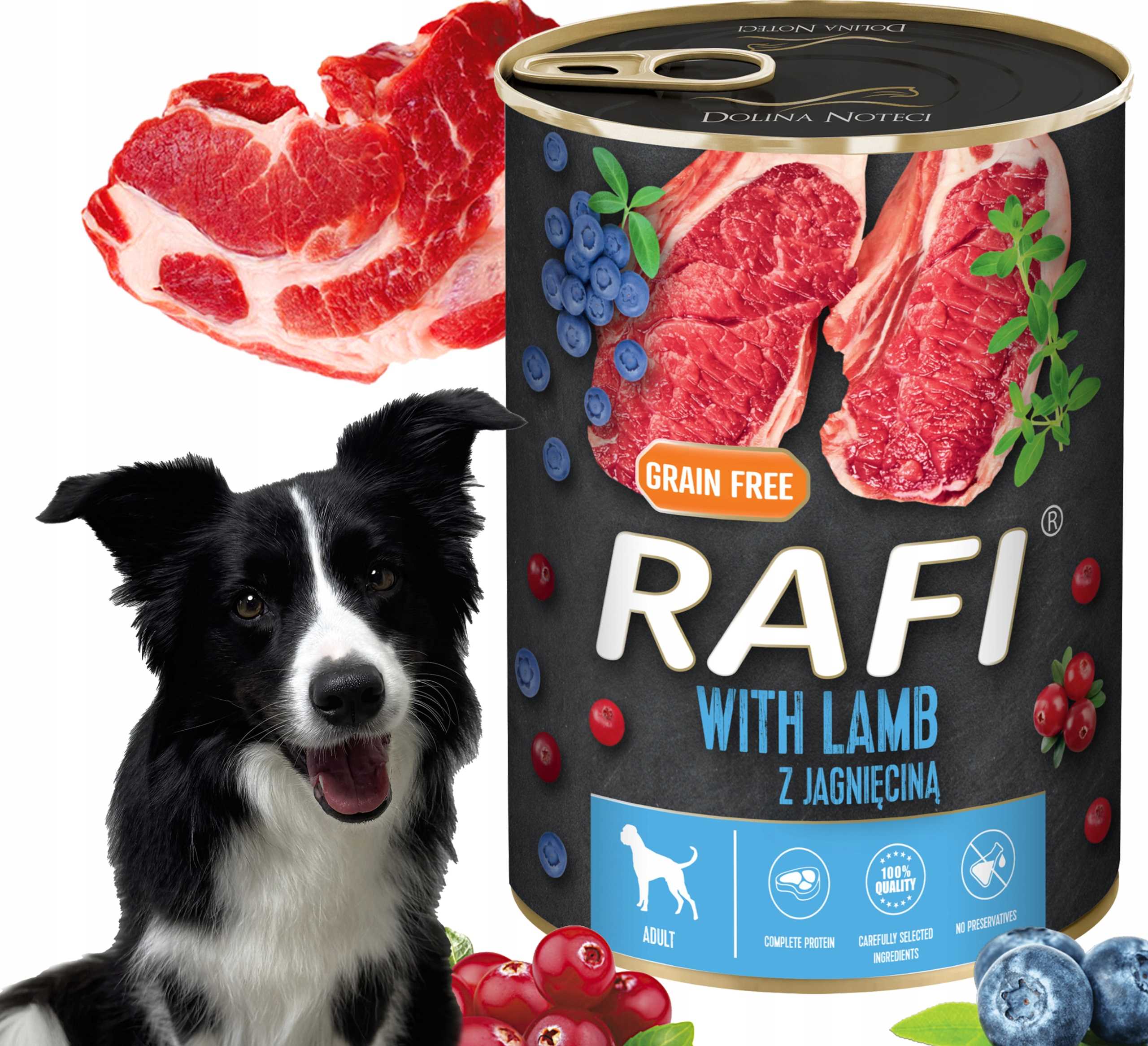 Karma Mokra Dla Psów RAFI z Jagnięciną, Borówką i Żurawiną 400g - 12 szt.