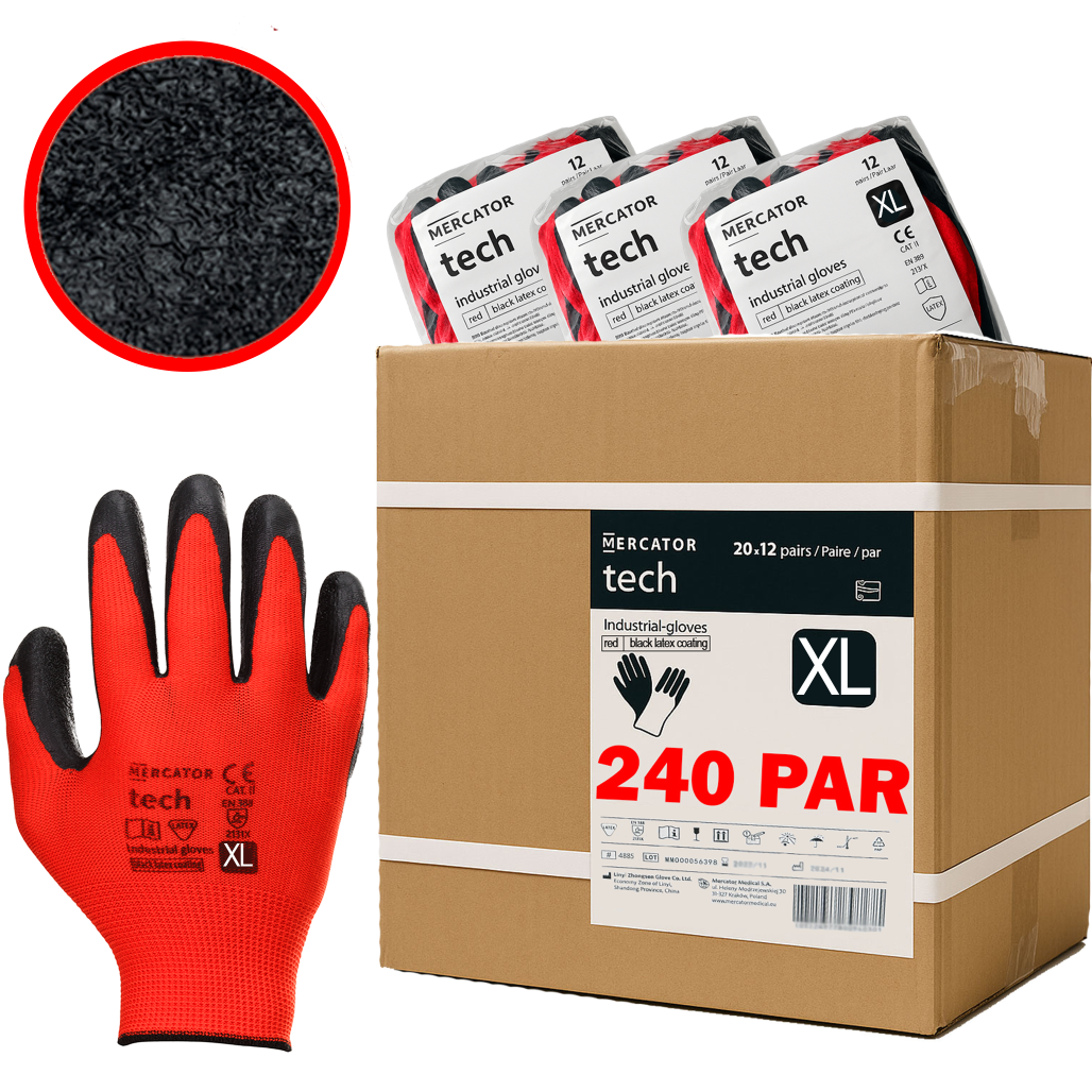 Rękawice Robocze MERCATOR Tech Red+Black Latex - XL - 240 Par