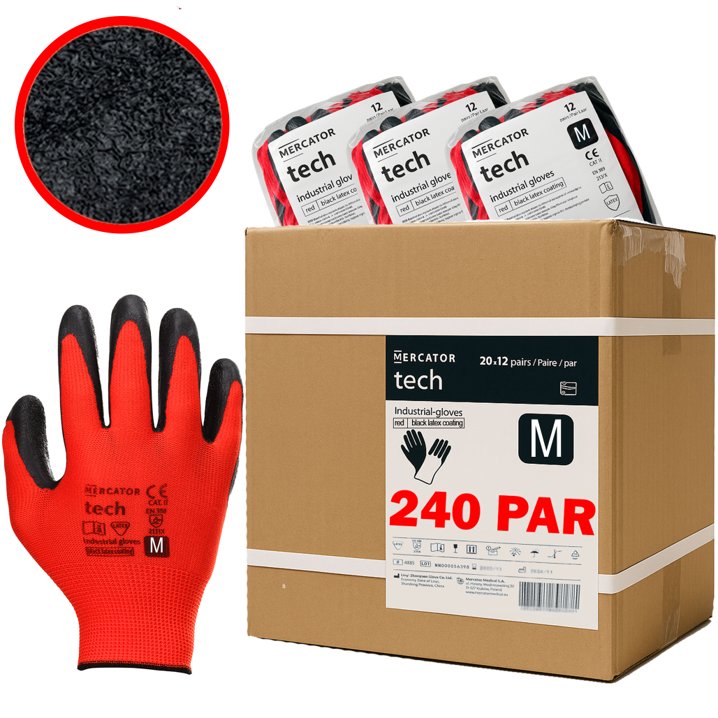 Rękawice Robocze MERCATOR Tech Red+Black Latex - M - 240 Par