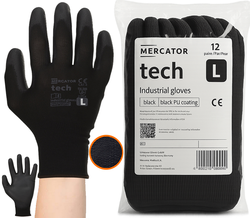 Rękawice Robocze MERCATOR Tech Black+Black PU - L - 12 Par