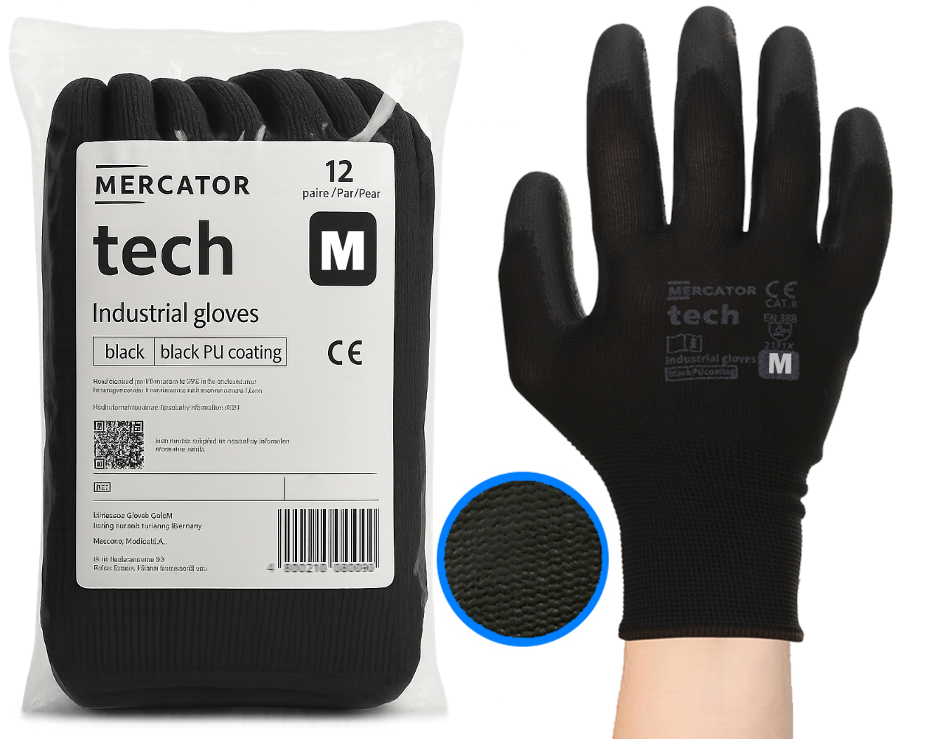 Rękawice Robocze MERCATOR Tech Black+Black PU - M - 12 Par