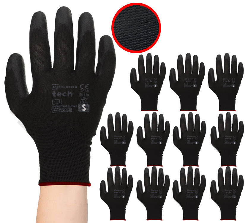 Rękawice Robocze MERCATOR Tech Black+Black PU - S - 12 Par