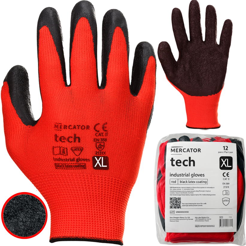 Rękawice Robocze MERCATOR Tech Red+Black Latex - XL - 12 Par