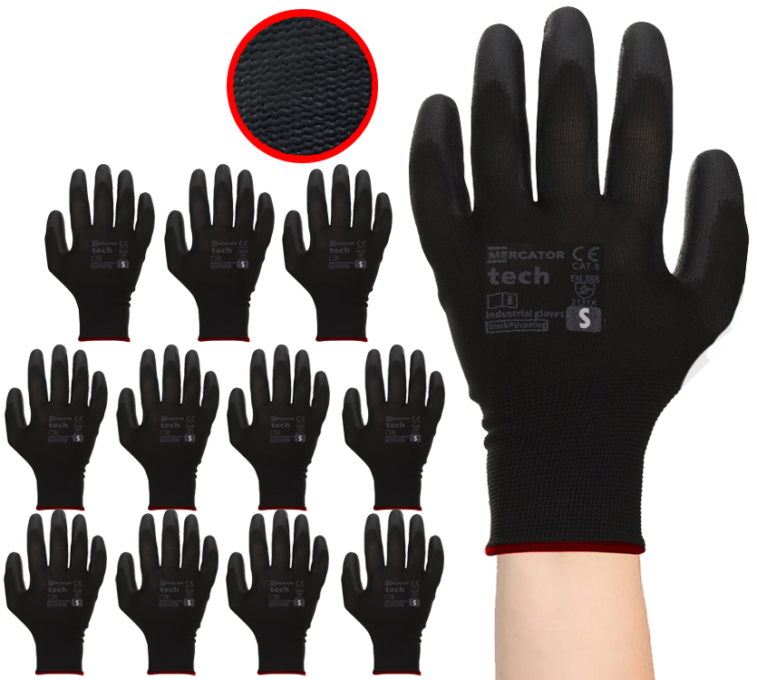 Rękawice Robocze MERCATOR Tech Black+Black PU - S - 12 Par