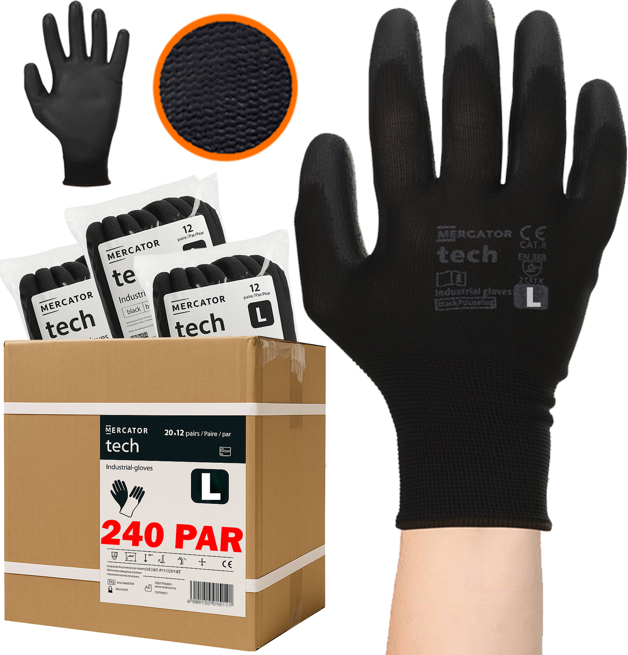 Rękawice Robocze MERCATOR Tech Black+Black PU - L - 240 Par