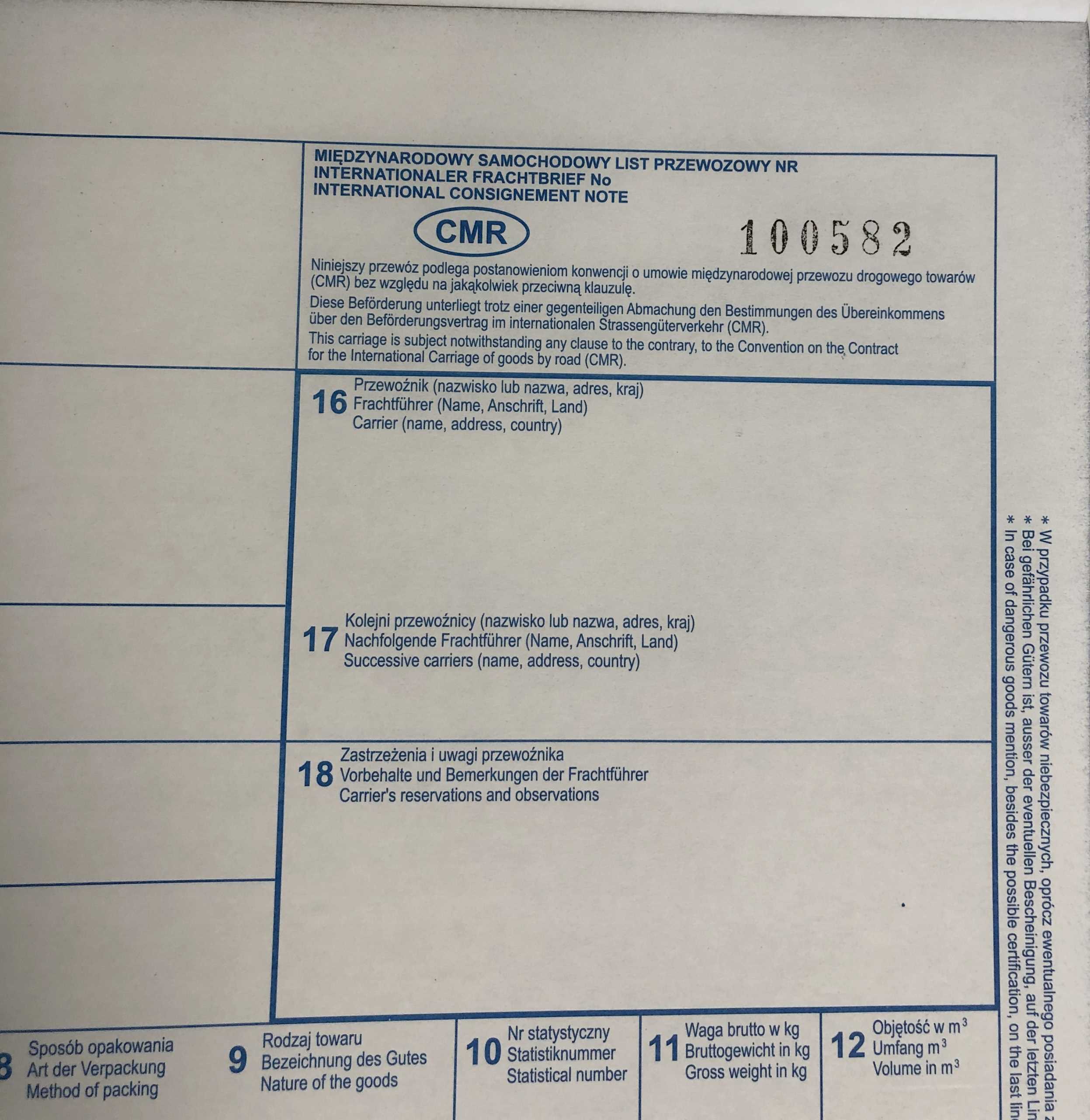 CMR List Przewozowy 100 kartek - 4 odcinki - 25 kompletów - NUMERACJA