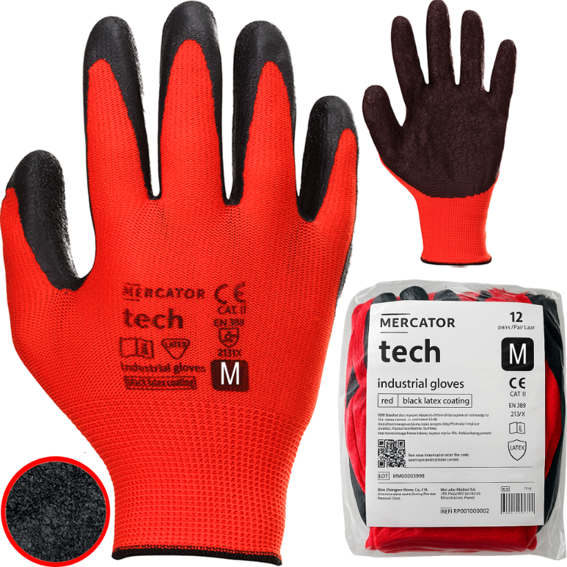 Rękawice Robocze MERCATOR Tech Red+Black Latex - M - 12 Par