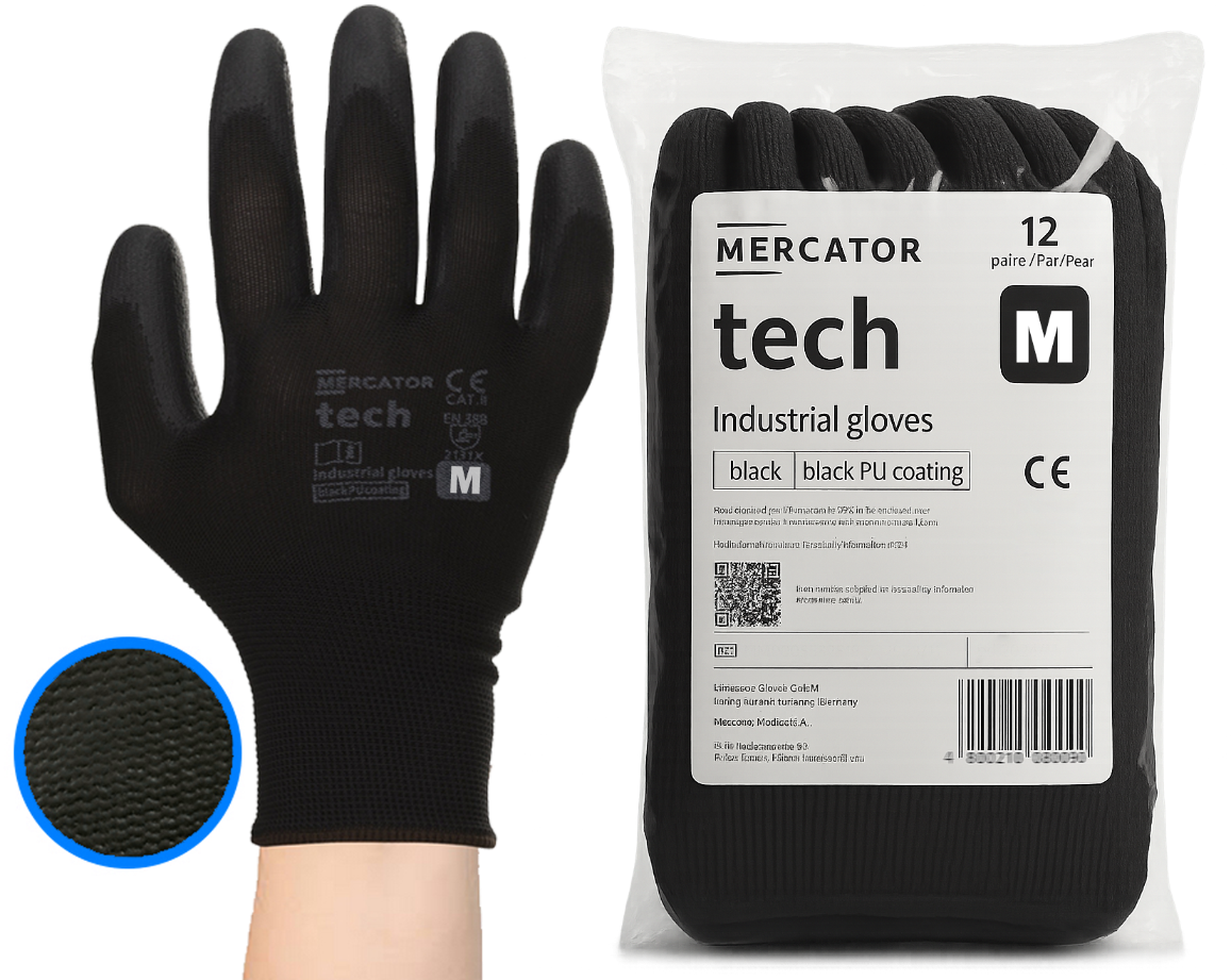 Rękawice Robocze MERCATOR Tech Black+Black PU - M - 12 Par