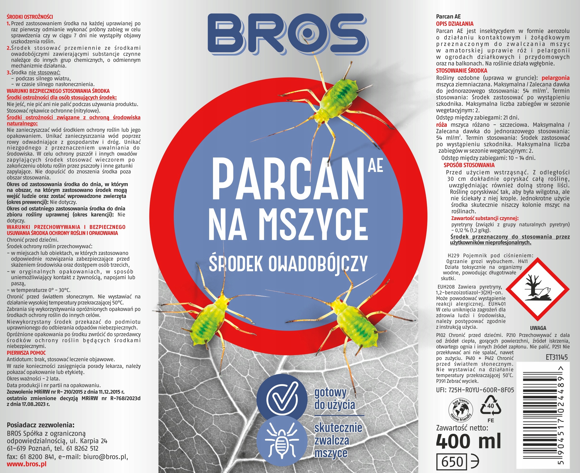BROS - Parcan AE zwalcza mszyce spray 400ml