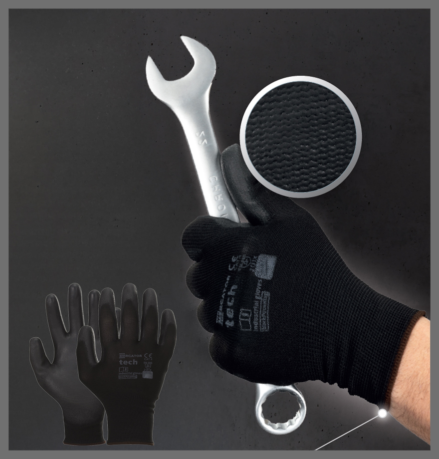 Rękawice Robocze MERCATOR Tech Black+Black PU - M - 12 Par