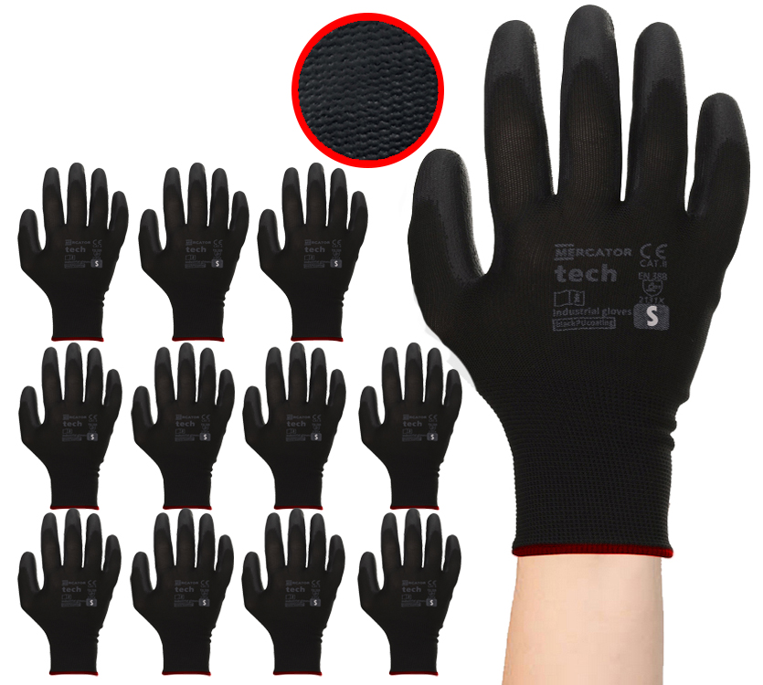 Rękawice Robocze MERCATOR Tech Black+Black PU - S - 12 Par