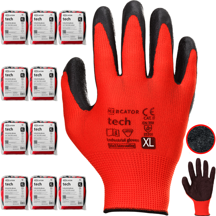Rękawice Robocze MERCATOR Tech Red+Black Latex - XL - 120 Par