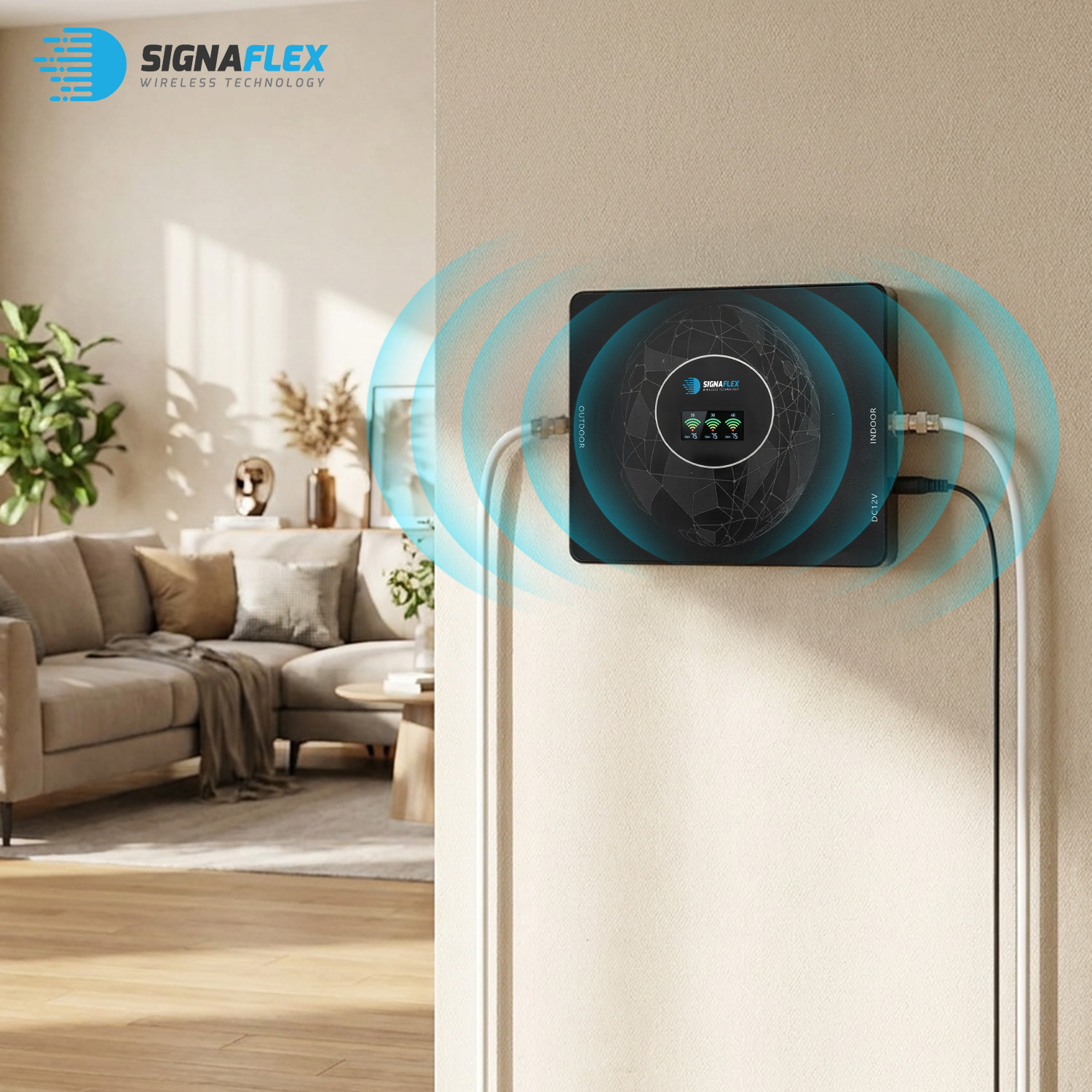 Wzmacniacz Signaflex LS-GDW3 na ścianie — sygnał GSM wewnątrz budynku