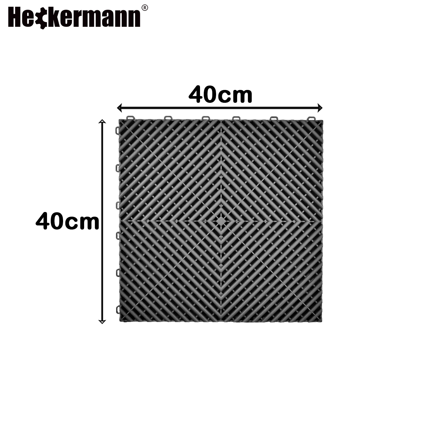 Płytka modułowa Heckermann 40x40cm szara — infografika z wymiarami i kratownicową strukturą powierzchni