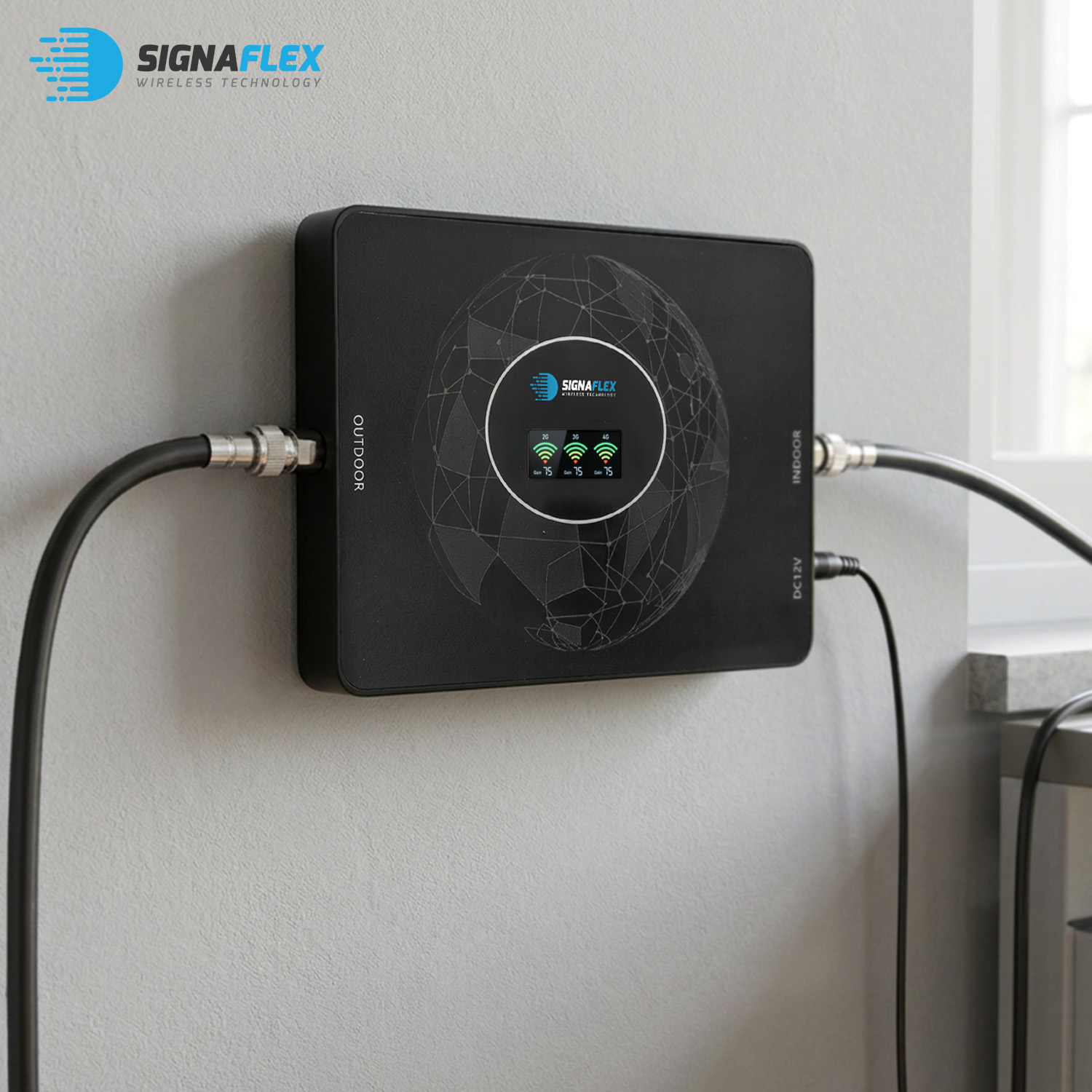 Wzmacniacz Signaflex LS-GDW3 zamontowany na ścianie z kablem INDOOR
