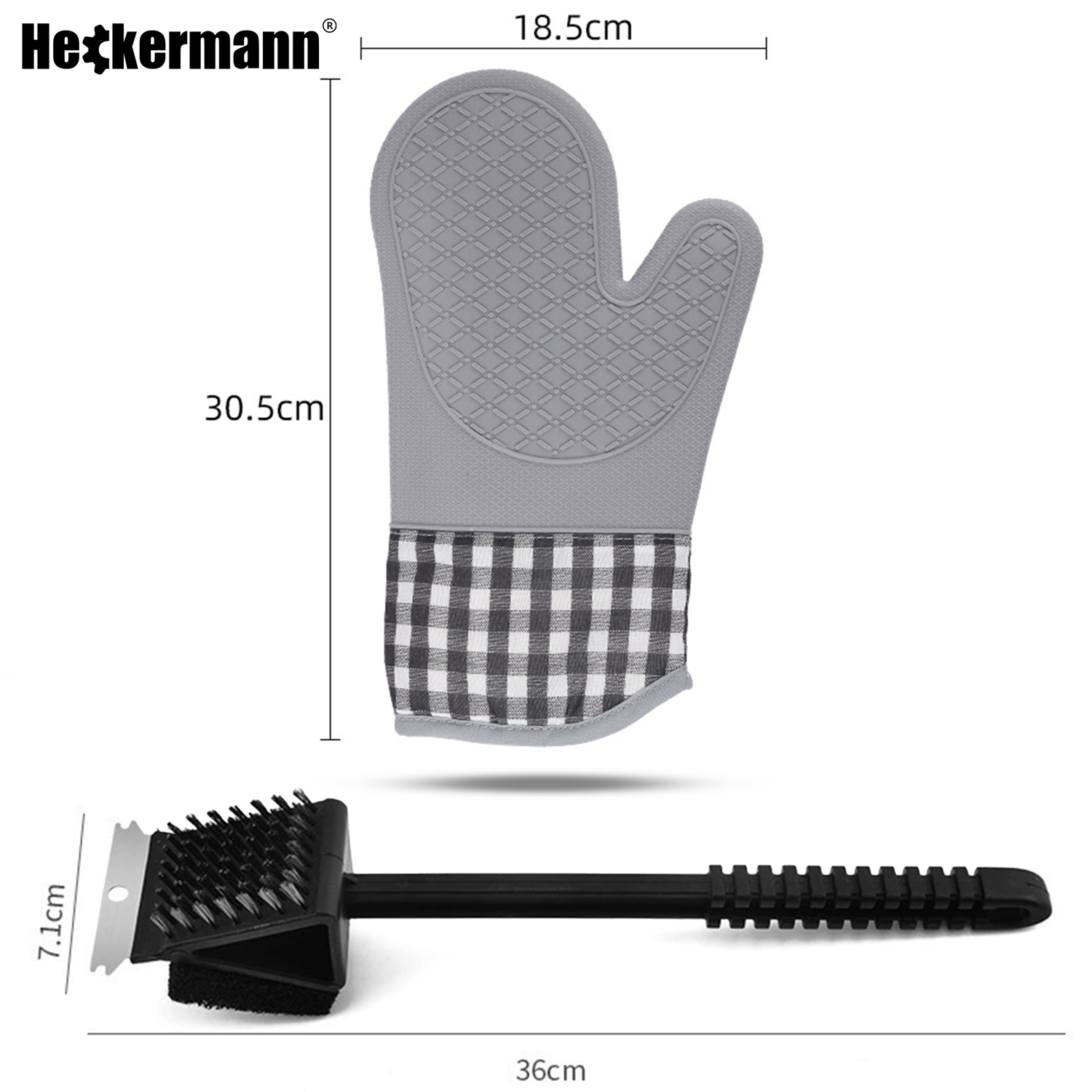 Schemat wymiarów zestawu Heckermann — rękawica 30,5×18,5 cm i czyścik 36 cm
