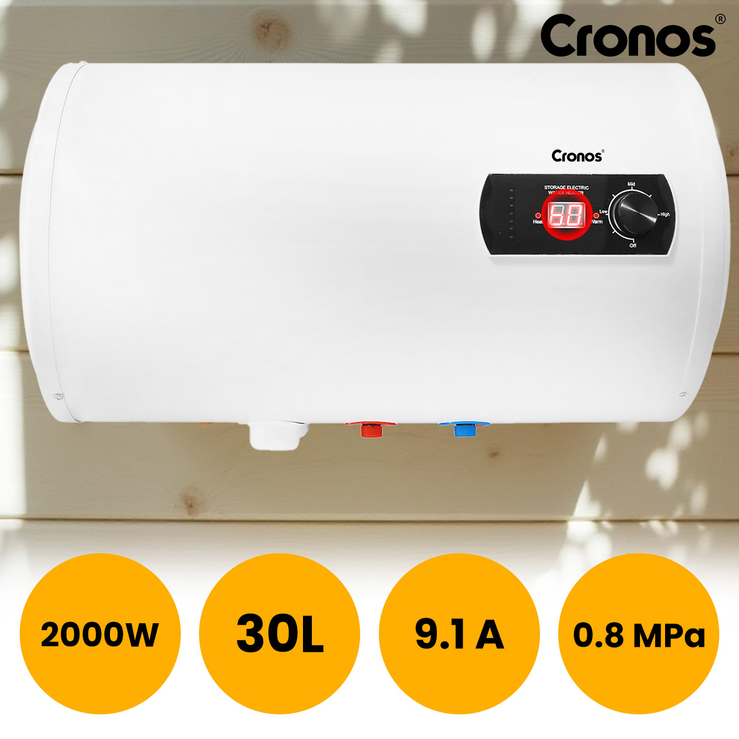 Cronos YA-Y41 bojler elektryczny poziomy 30L — infografika 2000W 30L 9,1A 0,8MPa