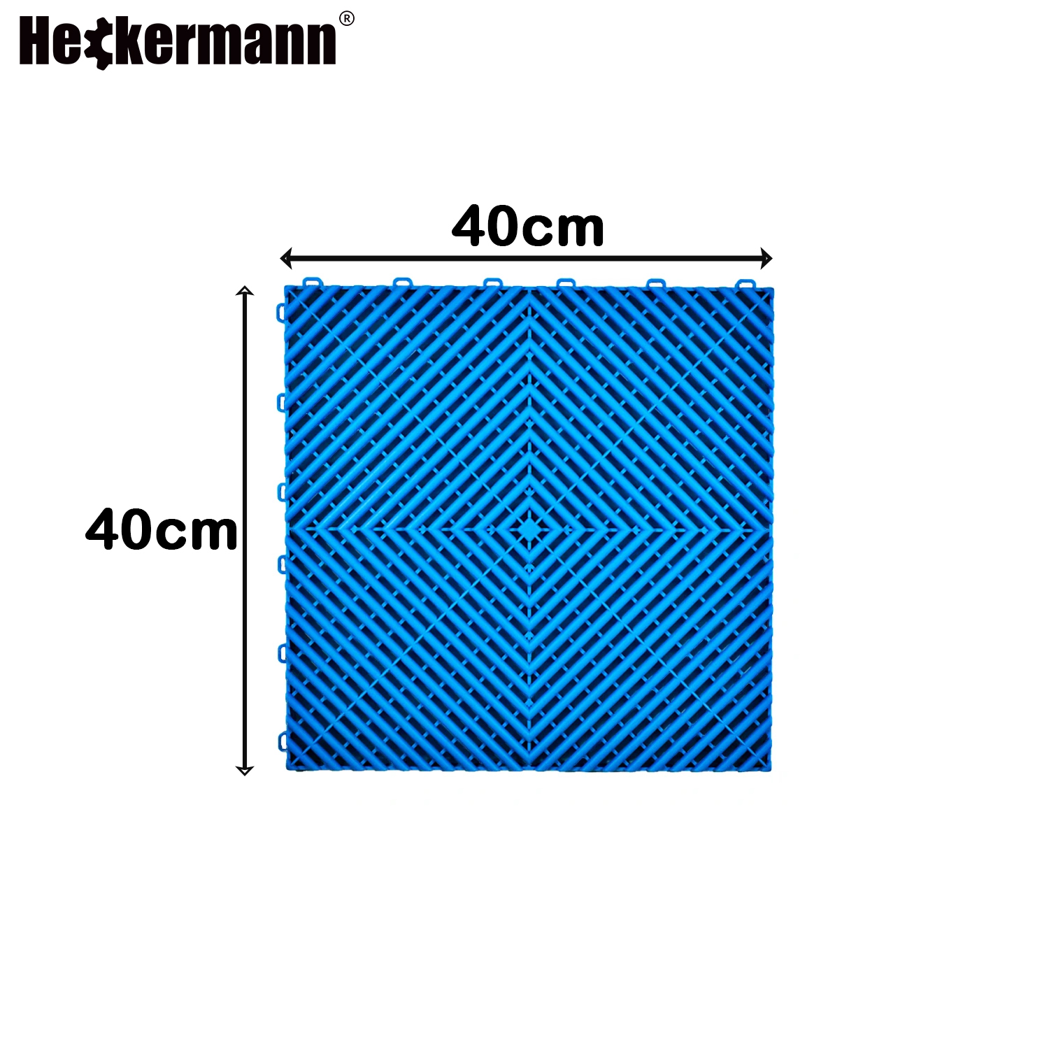 Niebieska płytka modułowa Heckermann 40x40cm — infografika z wymiarami i kratownicową strukturą powierzchni