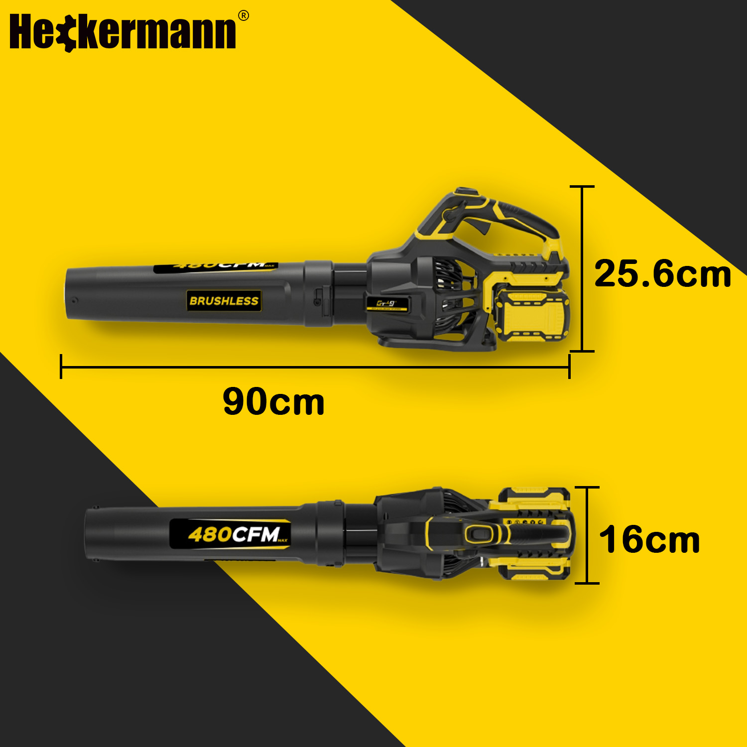 Dmuchawa akumulatorowa Heckermann Select AVDM40v2 — wymiary 90 cm z rurą, konstrukcja bezszczotkowa (BRUSHLESS)