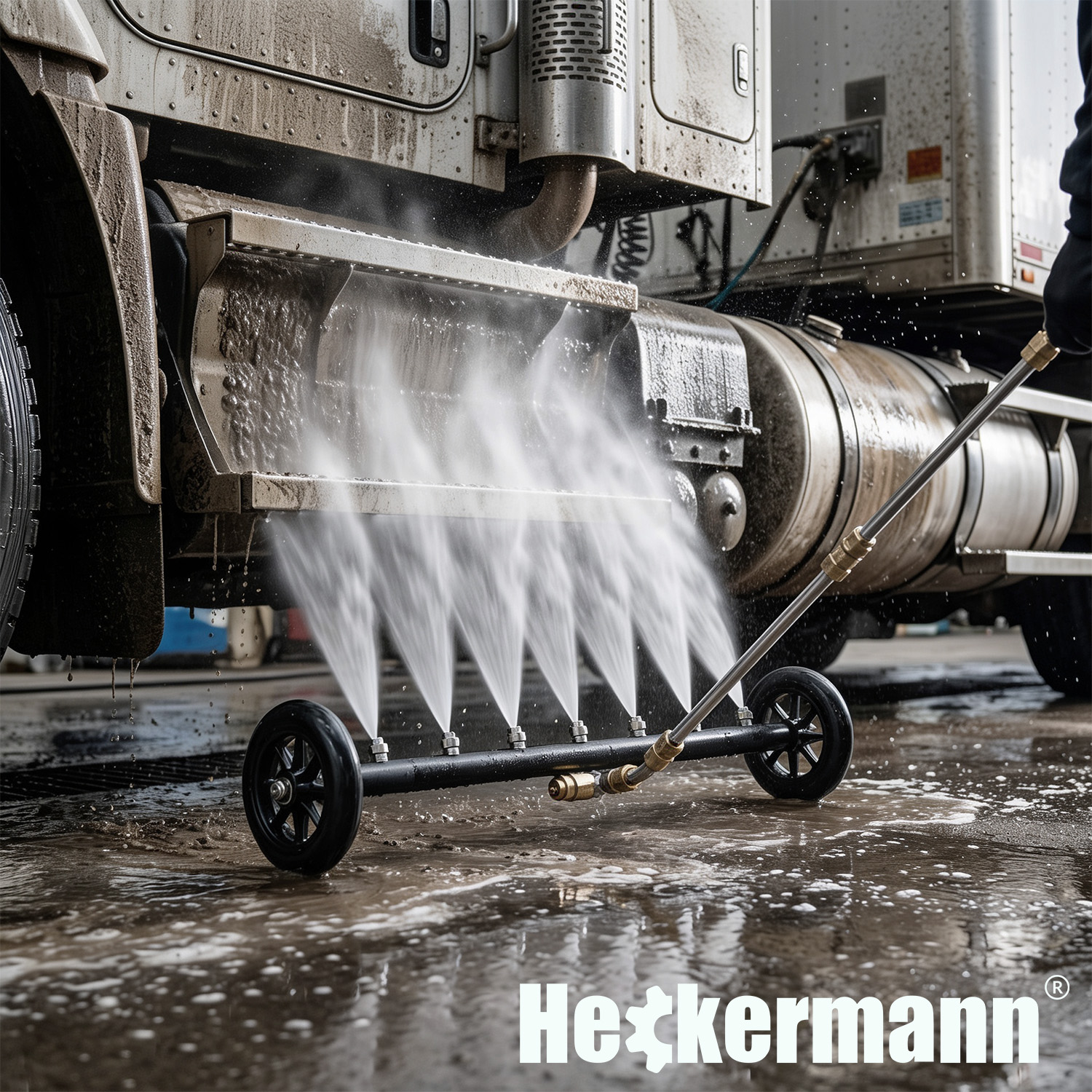 Lanca Heckermann 60 cm pod ciężarówką — listwa z kółkami pracuje, 6 dysz bije w podwozie