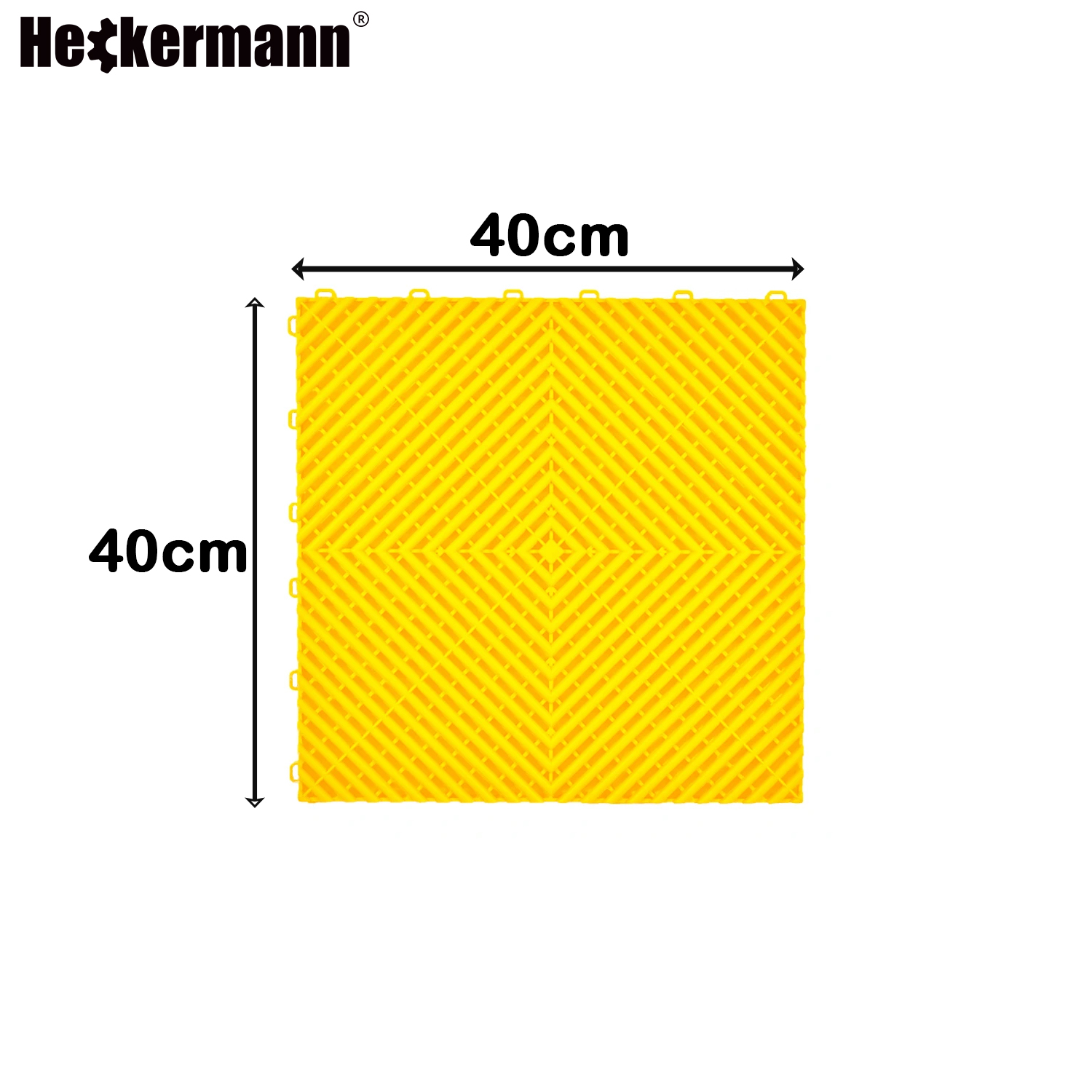 Żółta płytka modułowa Heckermann 40x40cm — infografika z wymiarami i kratownicową strukturą powierzchni