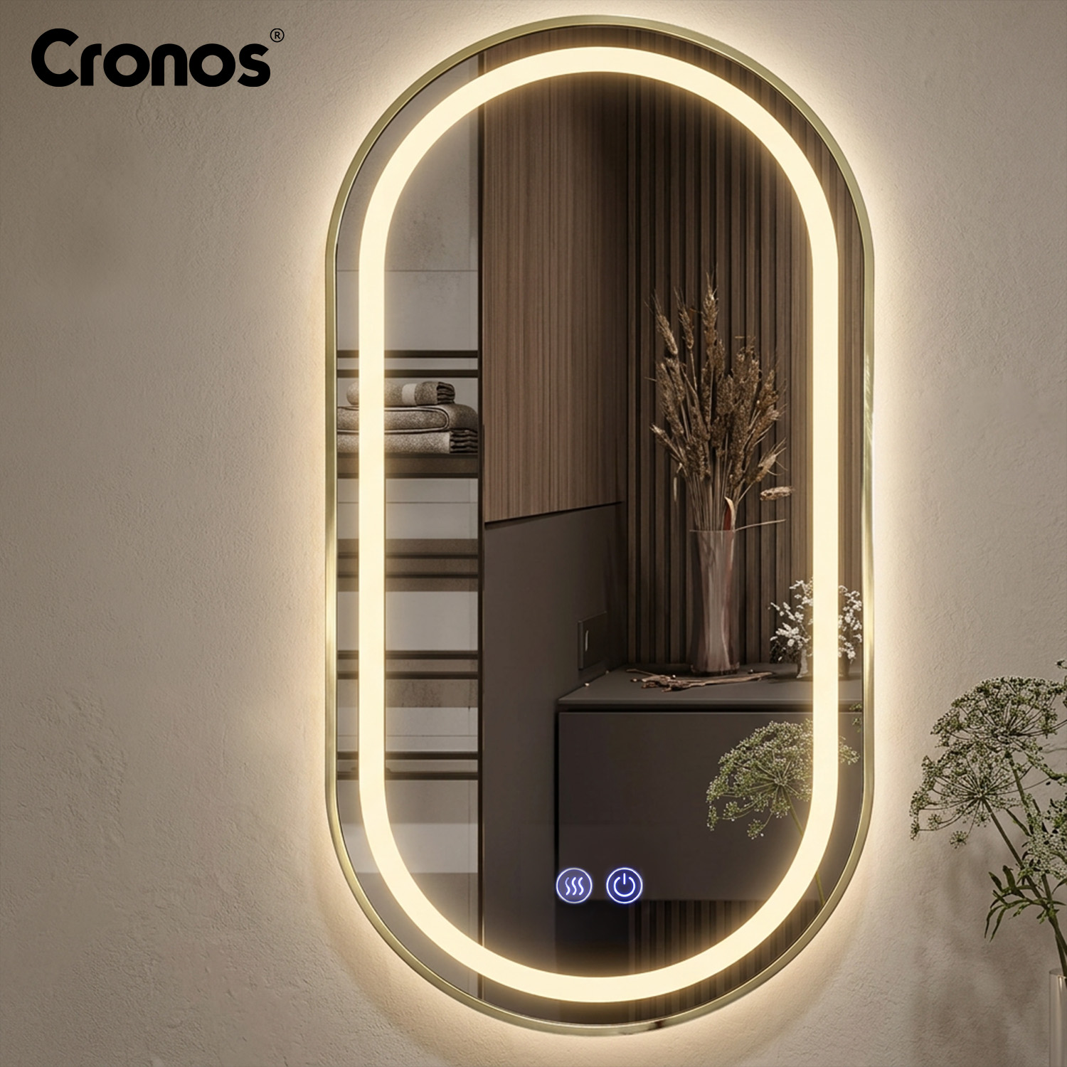 Lustro Cronos Gold owalne 60x90 cm — złote wykończenie i tylne podświetlenie LED