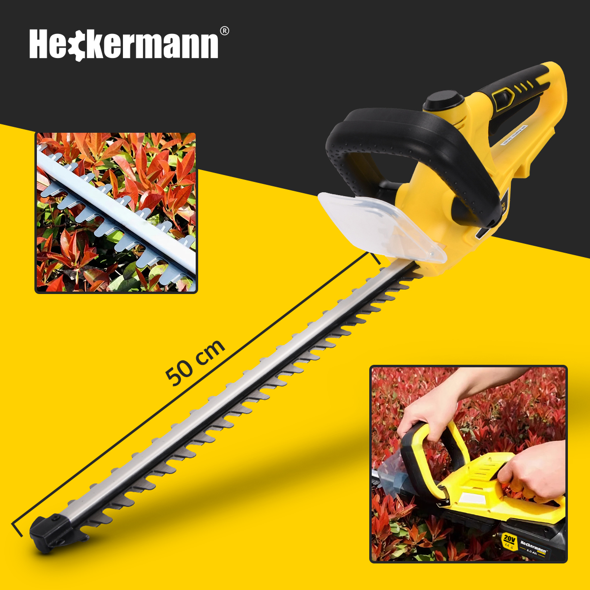 Heckermann AVNZ20 infografika z wymiarami ostrza 50 cm i kompatybilnym akumulatorem