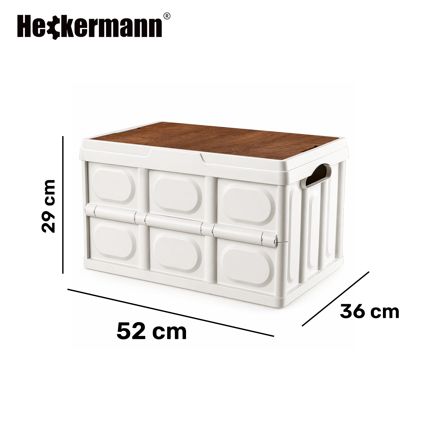 Składany pojemnik Heckermann 55L biały — infografika z wymiarami 52×36×29 cm i pokrywą drewnianą