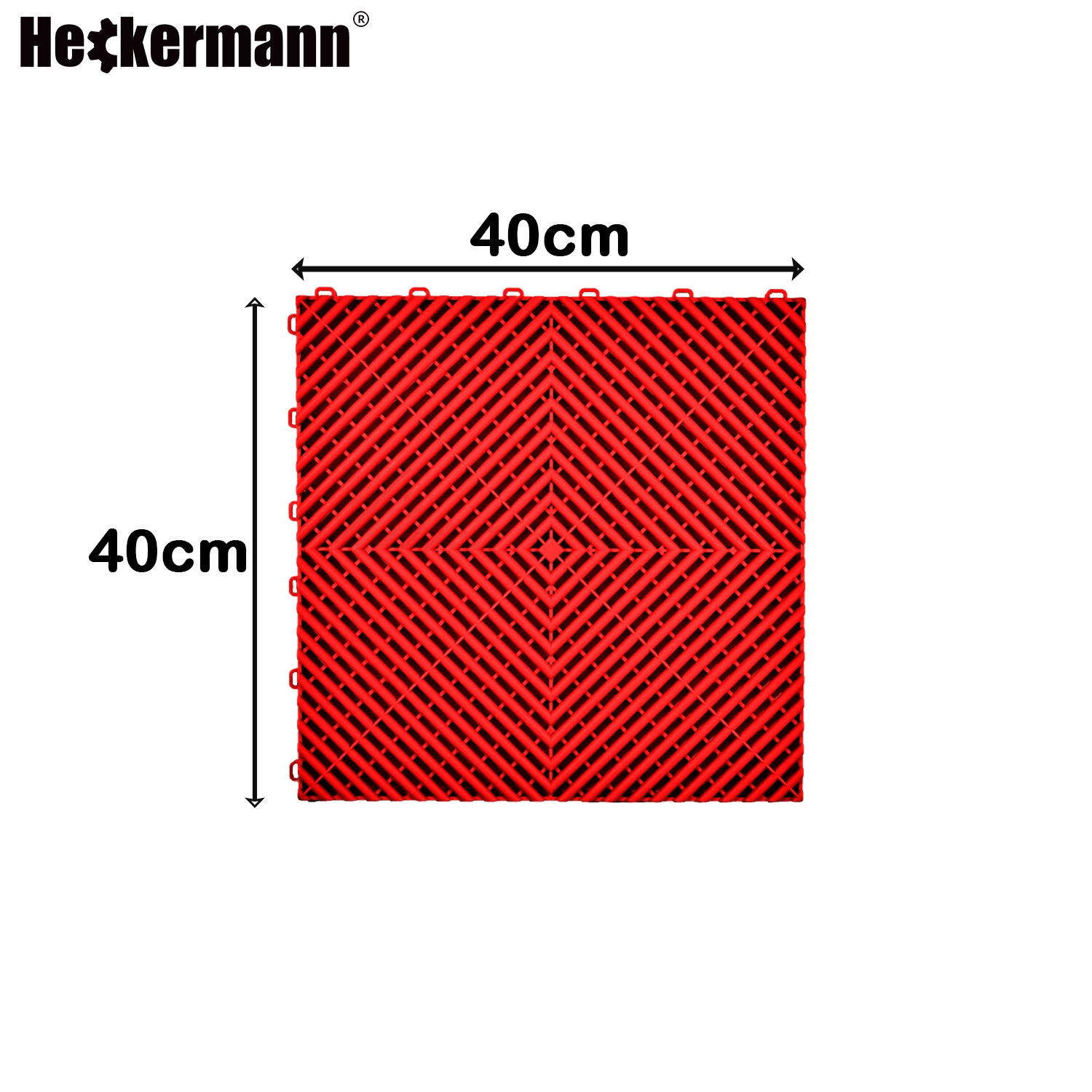Czerwona płytka modułowa Heckermann 40x40cm — infografika z wymiarami i kratownicową strukturą powierzchni