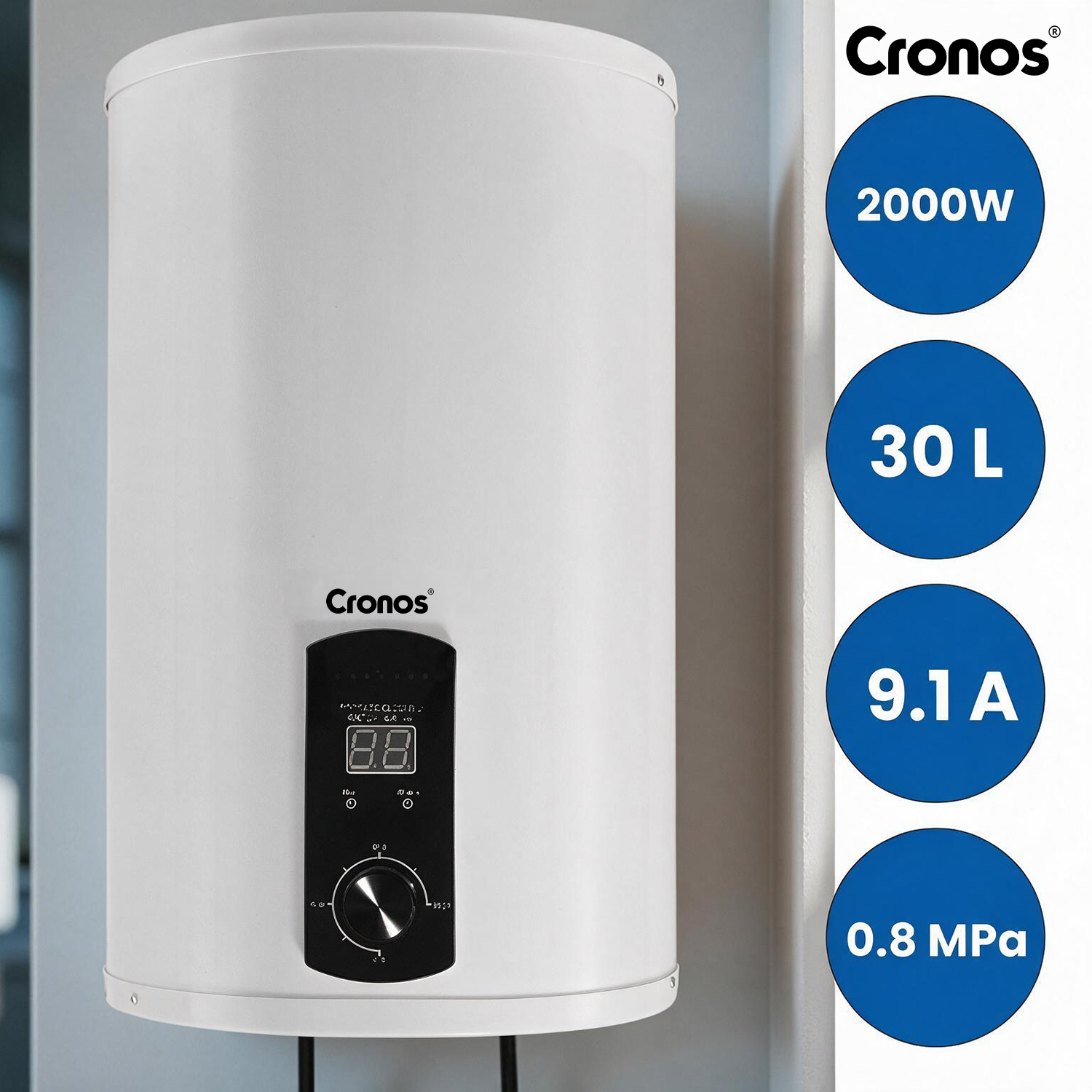 Cronos YA-001 bojler elektryczny 30L 2000W — infografika z parametrami technicznymi