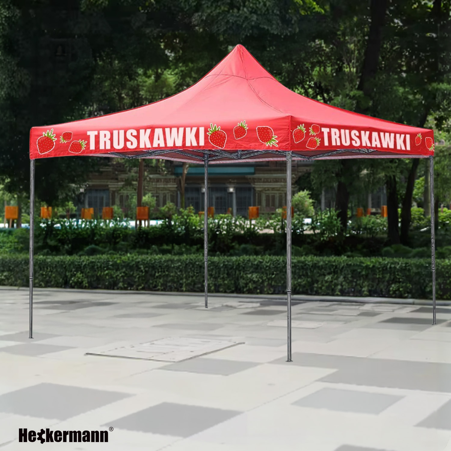 Pawilon Heckermann Truskawki 3x3m rozstawiony na zewnątrz — widok całości z zielenią w tle