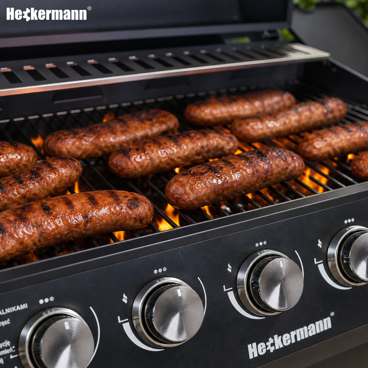 Grill gazowy Heckermann — kiełbaski i mięso na chromowanym ruszcie