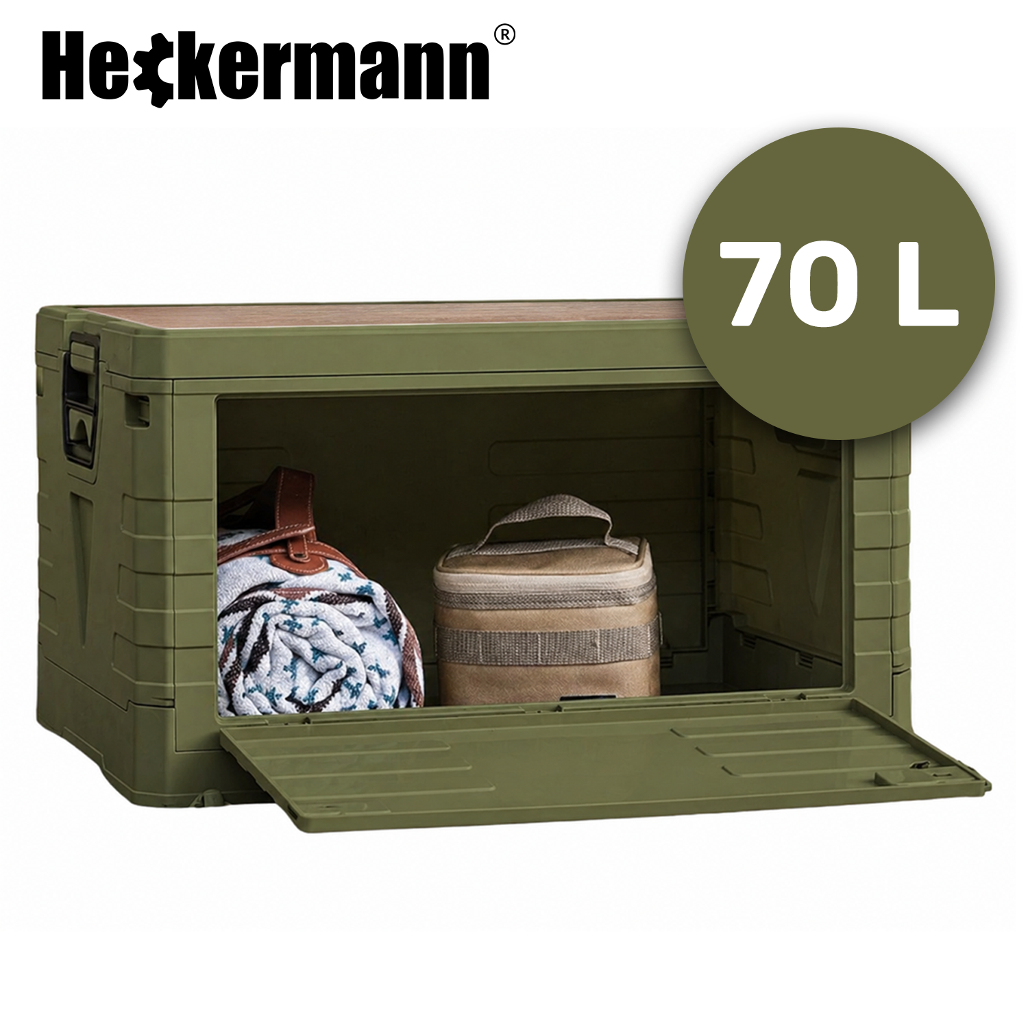 Zielony pojemnik Heckermann 70L z otwartymi frontowymi drzwiczkami — torba i pojemnik termiczny w środku, oznaczenie 70L