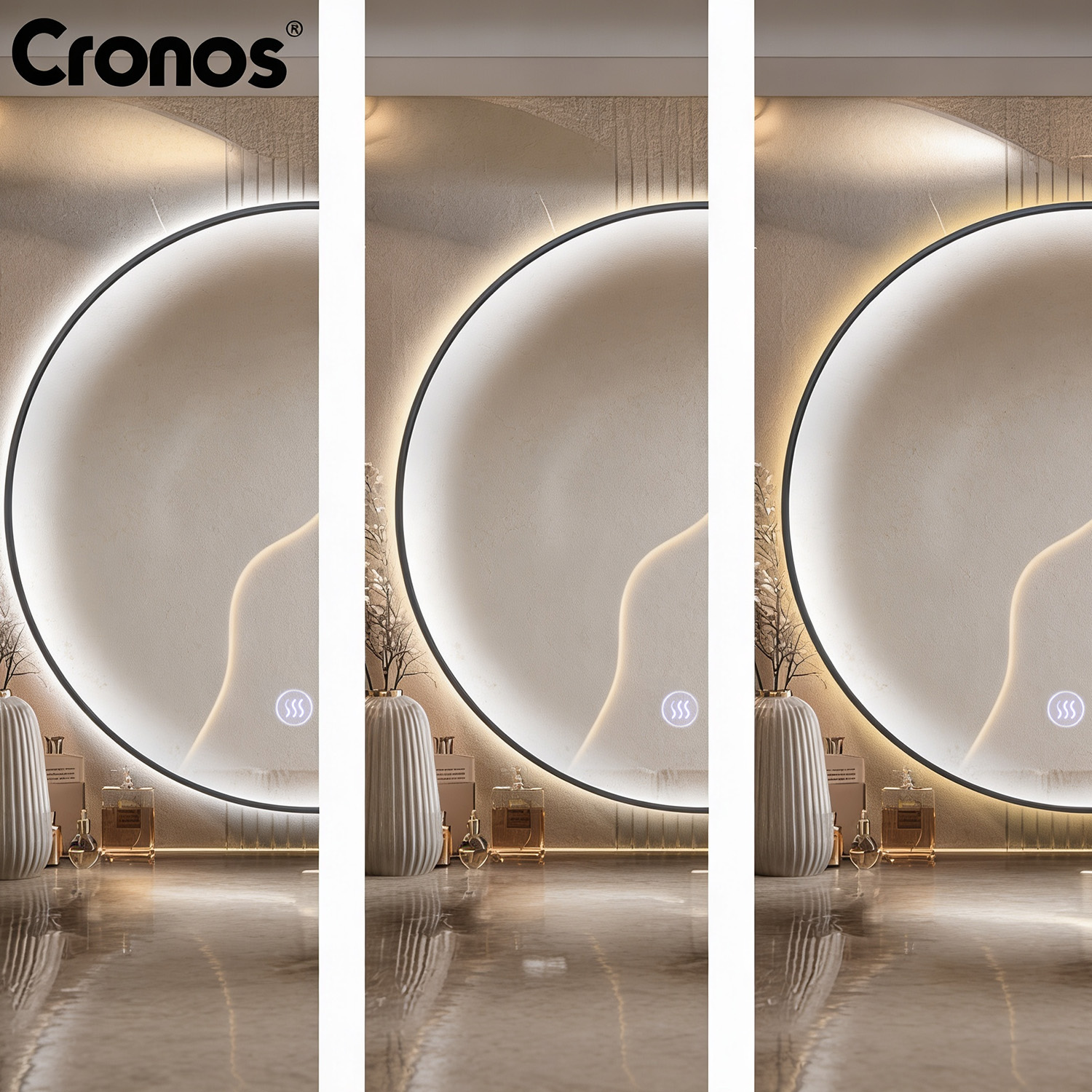 Lustro Cronos Black okrągłe 70 cm — czarne wykończenie i tylne podświetlenie LED