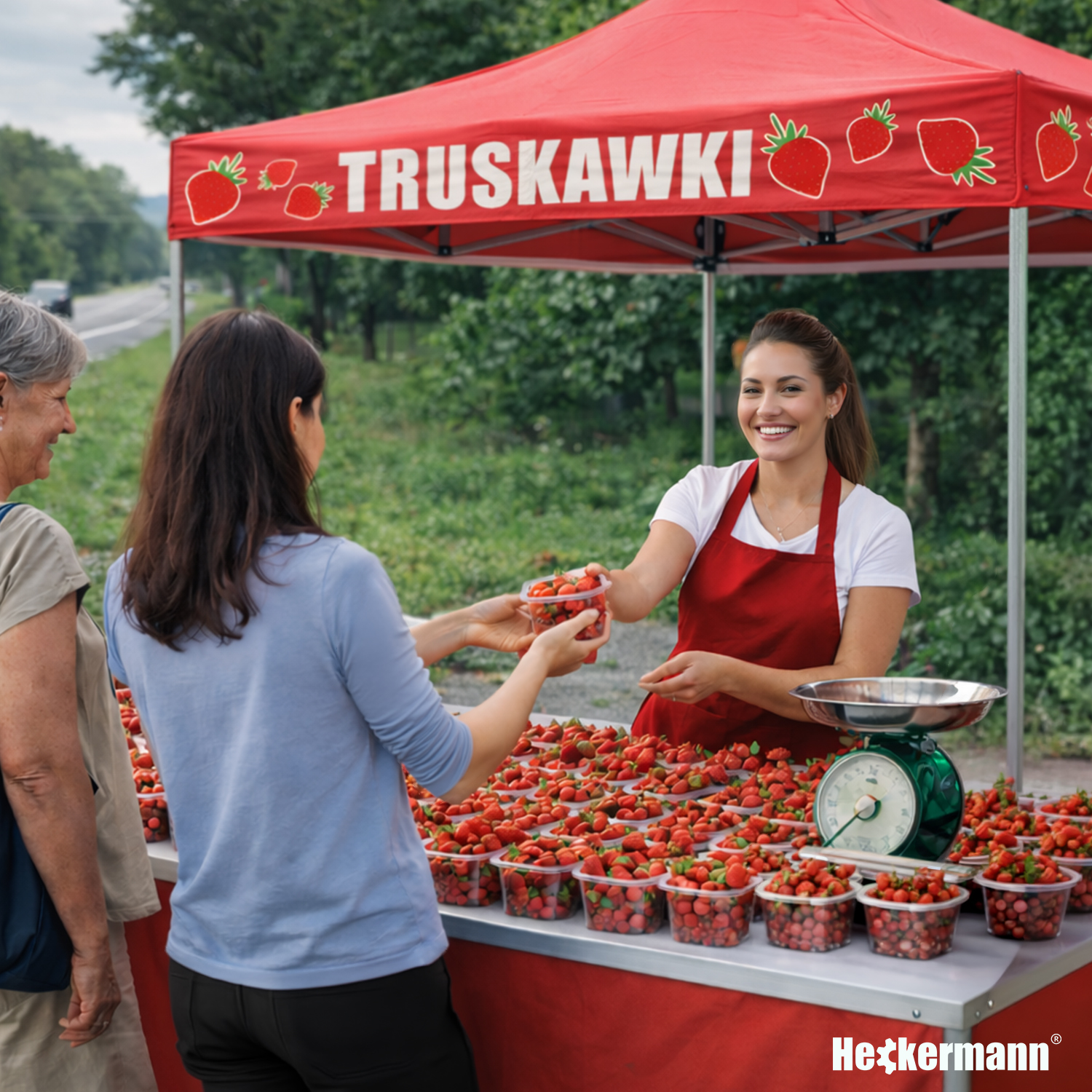 Pawilon Heckermann Truskawki 3x3m — stoisko sprzedaży przy drodze, sprzedawczyni obsługuje klientki