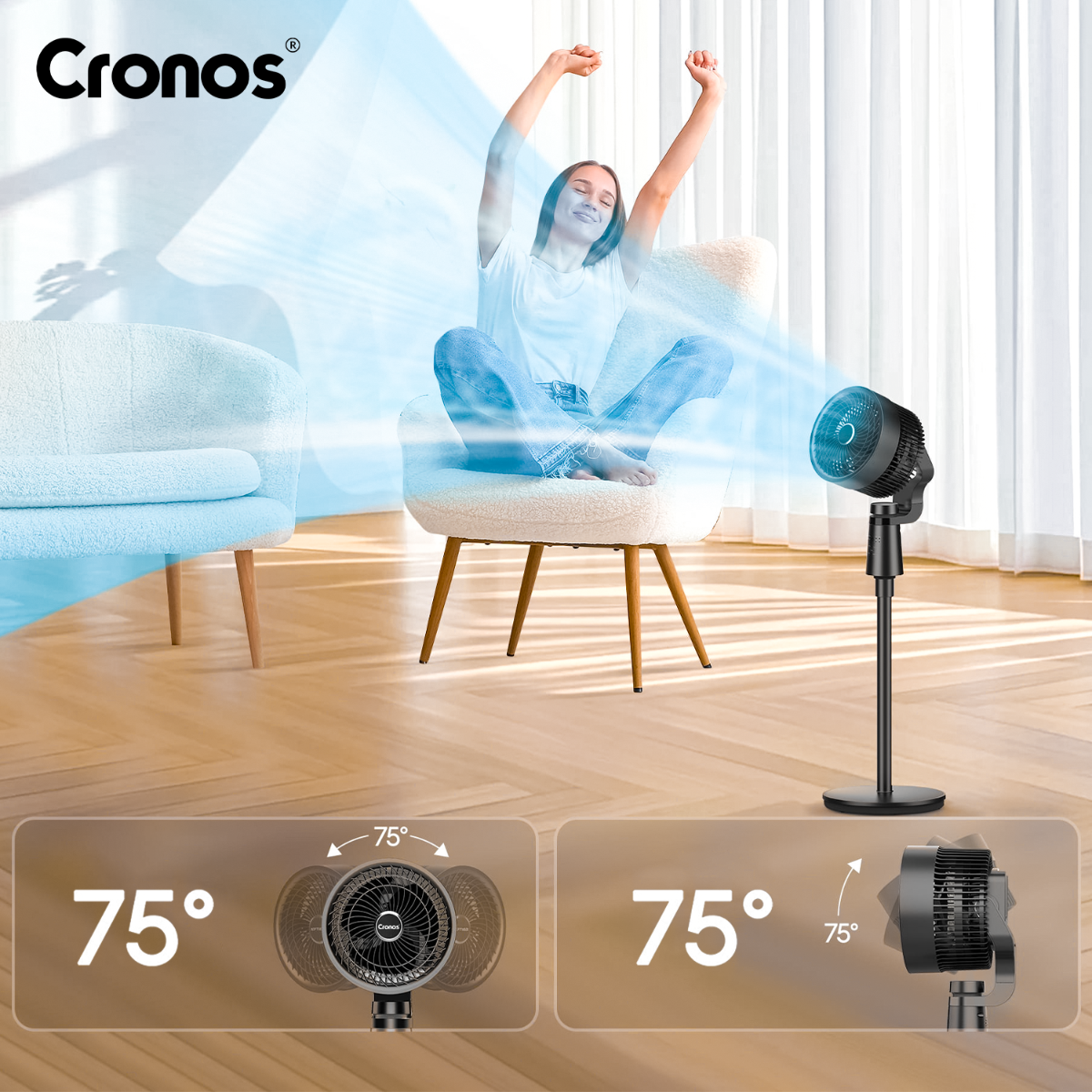 Cronos BL-XHS-3D air circulator — oscylacja 75° poziomo i 75° pionowo, cyrkulacja powietrza w salonie