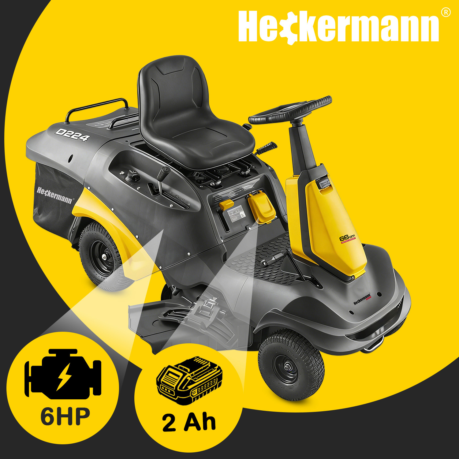 Traktorek Heckermann SVTR66 — silnik 6 KM, 224 cm³, akumulator rozruchowy 2Ah