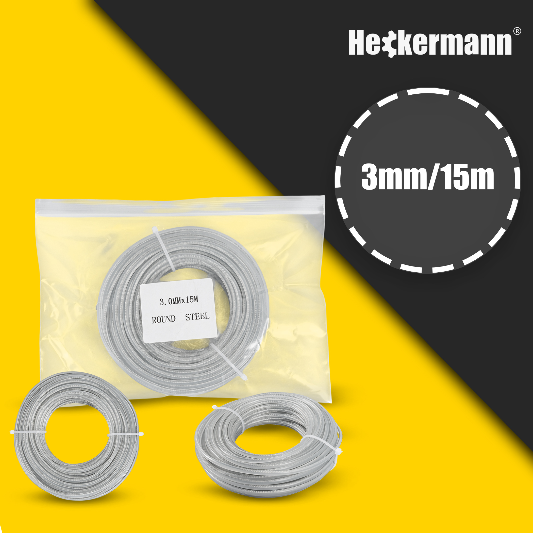 Linka metalowa Heckermann 3 mm 15 m — infografika z parametrami 3mm/15m