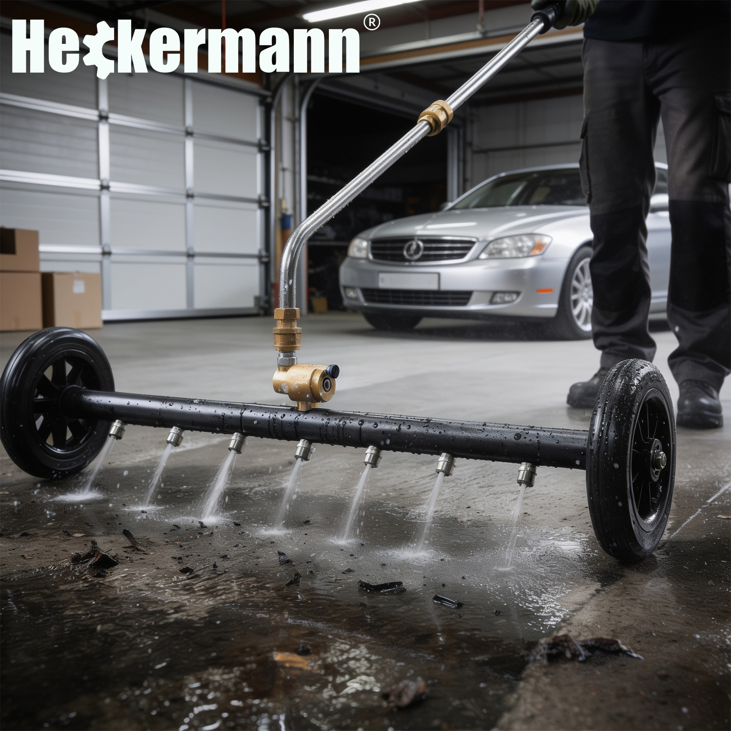 Lanca Heckermann TG2501137 w garażu — 6 dysz listwy pracuje pod samochodem osobowym