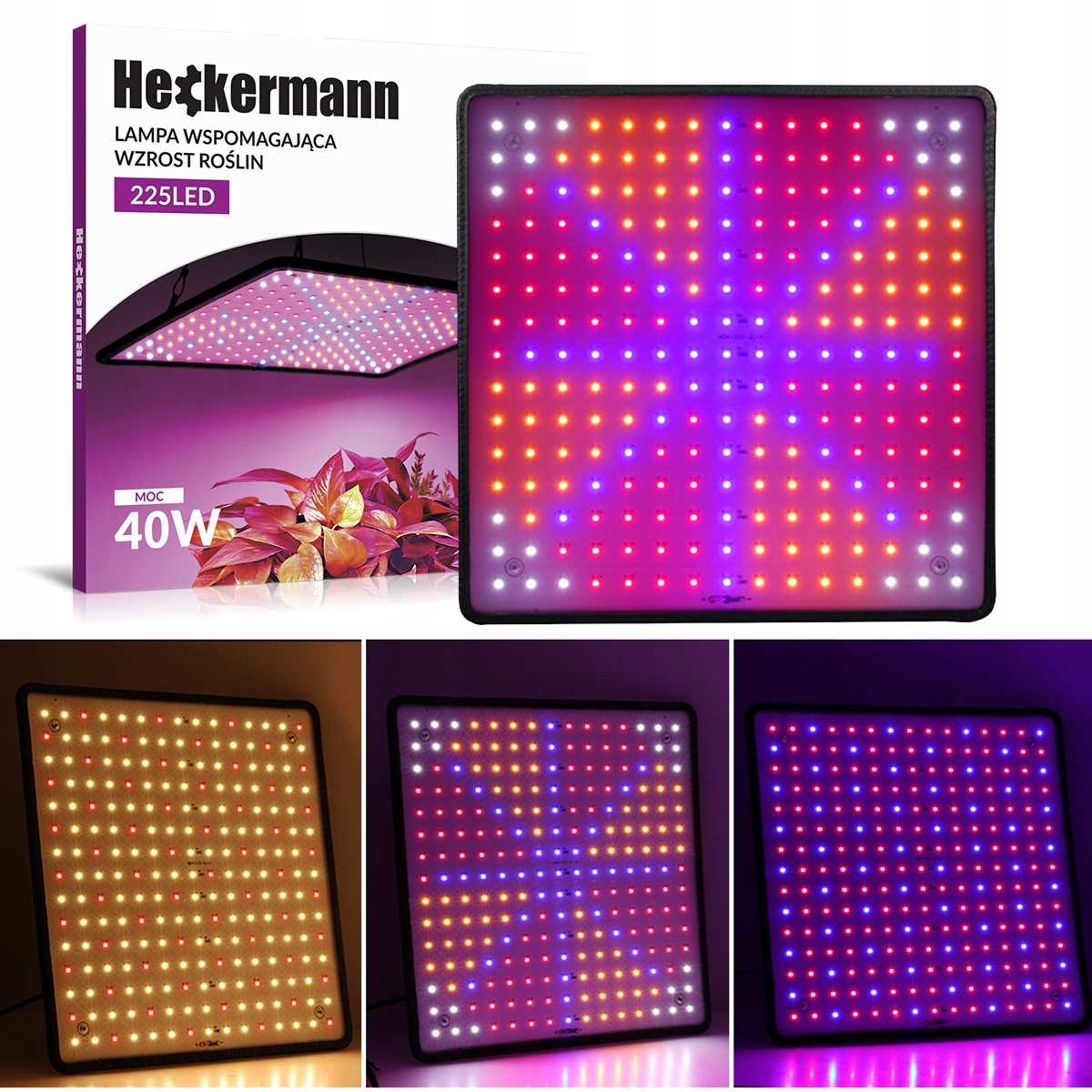 Lampa Heckermann 225LED — trzy tryby oświetlenia: ciepły biały, mieszany i fioletowy grow; moc 40W