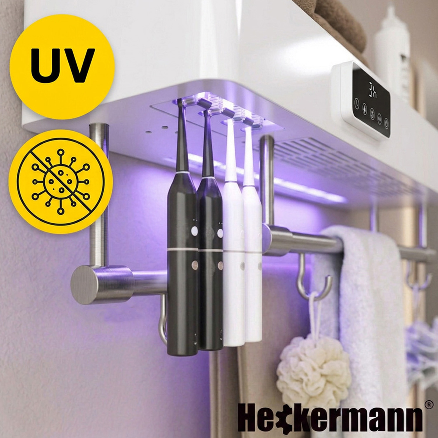 Suszarka Heckermann MT05 — lampa UV dezynfekuje szczoteczki elektryczne w łazience; ikona anti-bacteria na zdjęciu