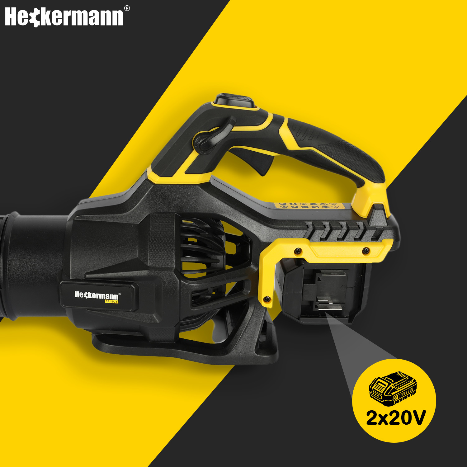 Uchwyt dmuchawy Heckermann Select AVDM40v2 — dwa gniazda na akumulatory 2x20V, spust z pokrętłem blokady