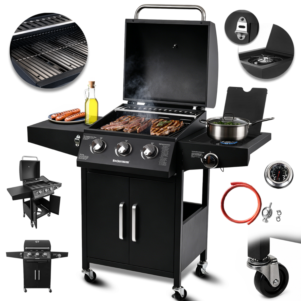 Grill gazowy Heckermann YF-01JY03-B — widok ogólny z trzema palnikami głównymi