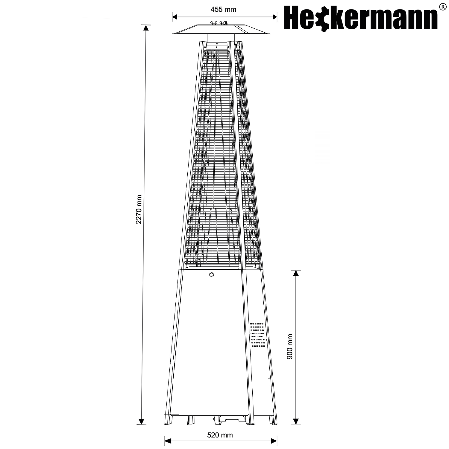 Infografika wymiarów ogrzewacza Heckermann HS-PHM-H — 2270×520×455 mm