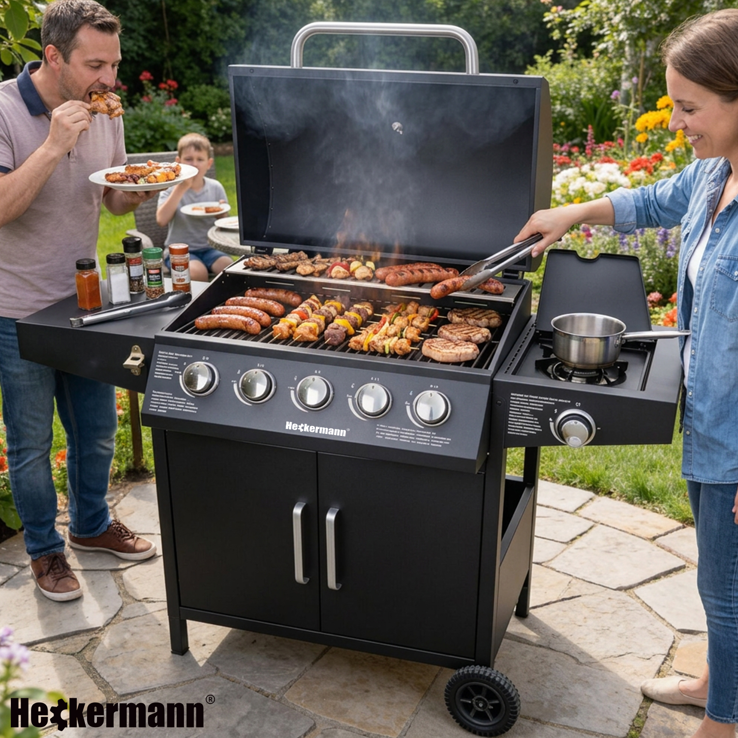 Grill gazowy Heckermann w ogrodzie — rodzinne grillowanie na tarasie