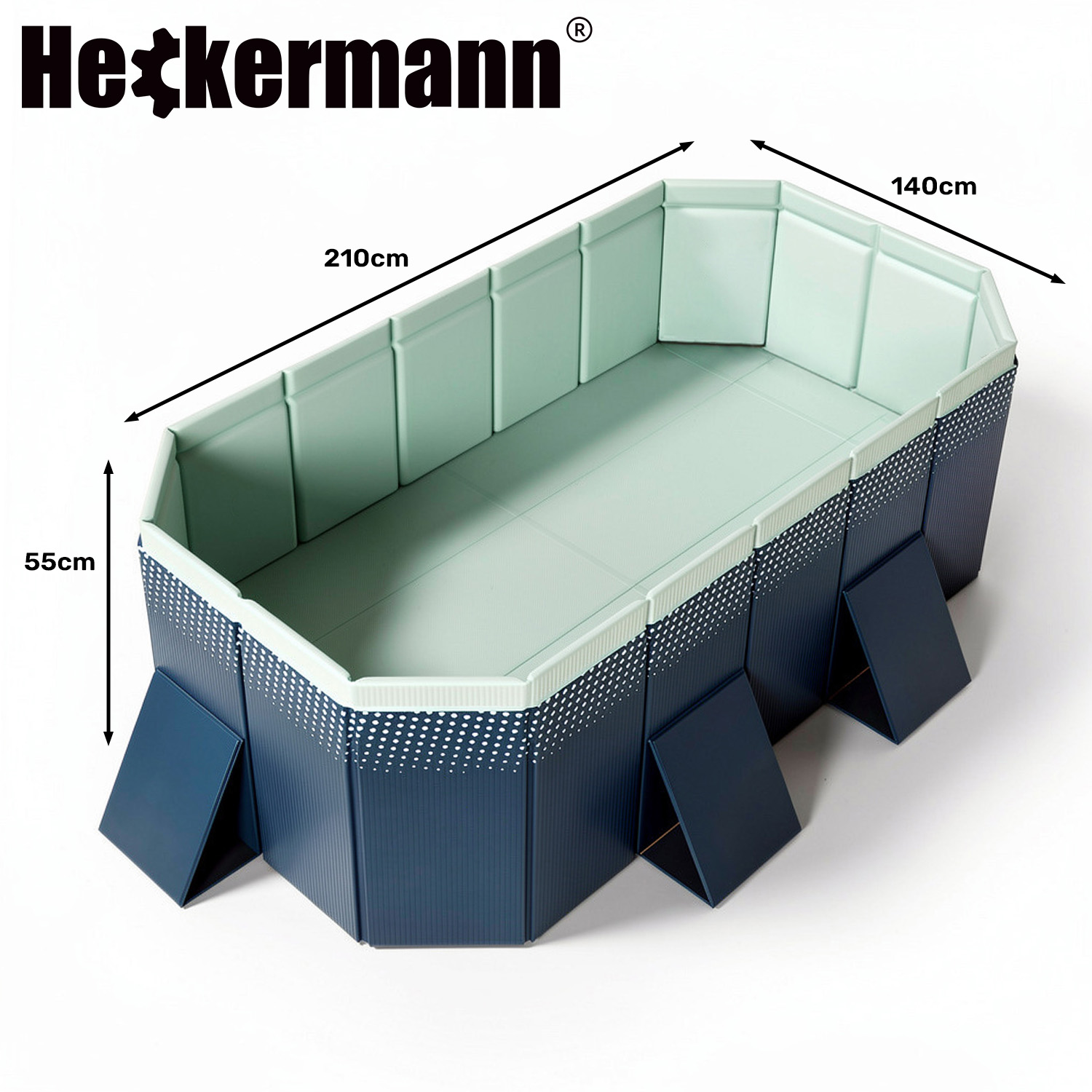 Basen składany Heckermann 210×140×55cm — infografika z zaznaczonymi wymiarami