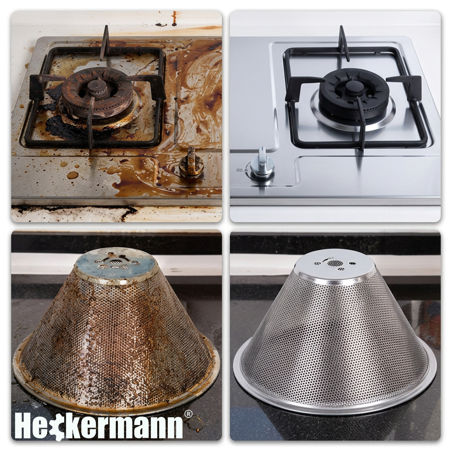 Myjka parowa TC-SC-002 — efekt czyszczenia: brudna vs czysta kuchenka i filtr